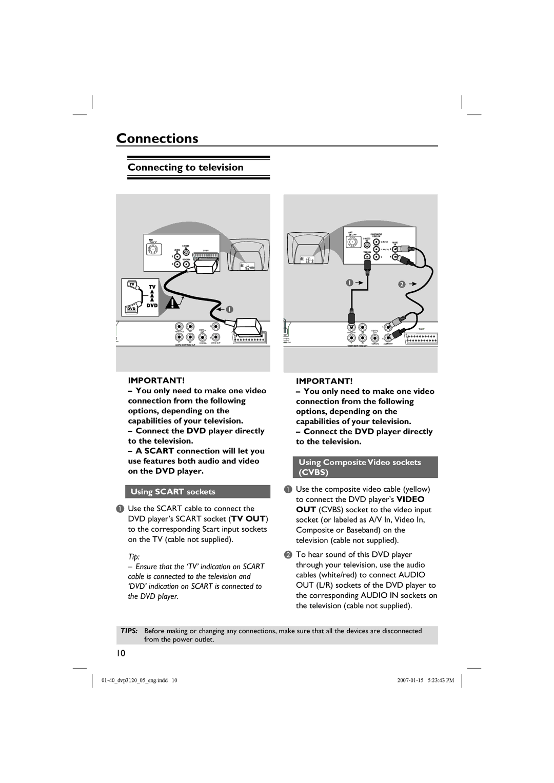 Philips DVP3120/05B Connections, Connecting to television, Using Scart sockets, Using Composite Video sockets Cvbs 