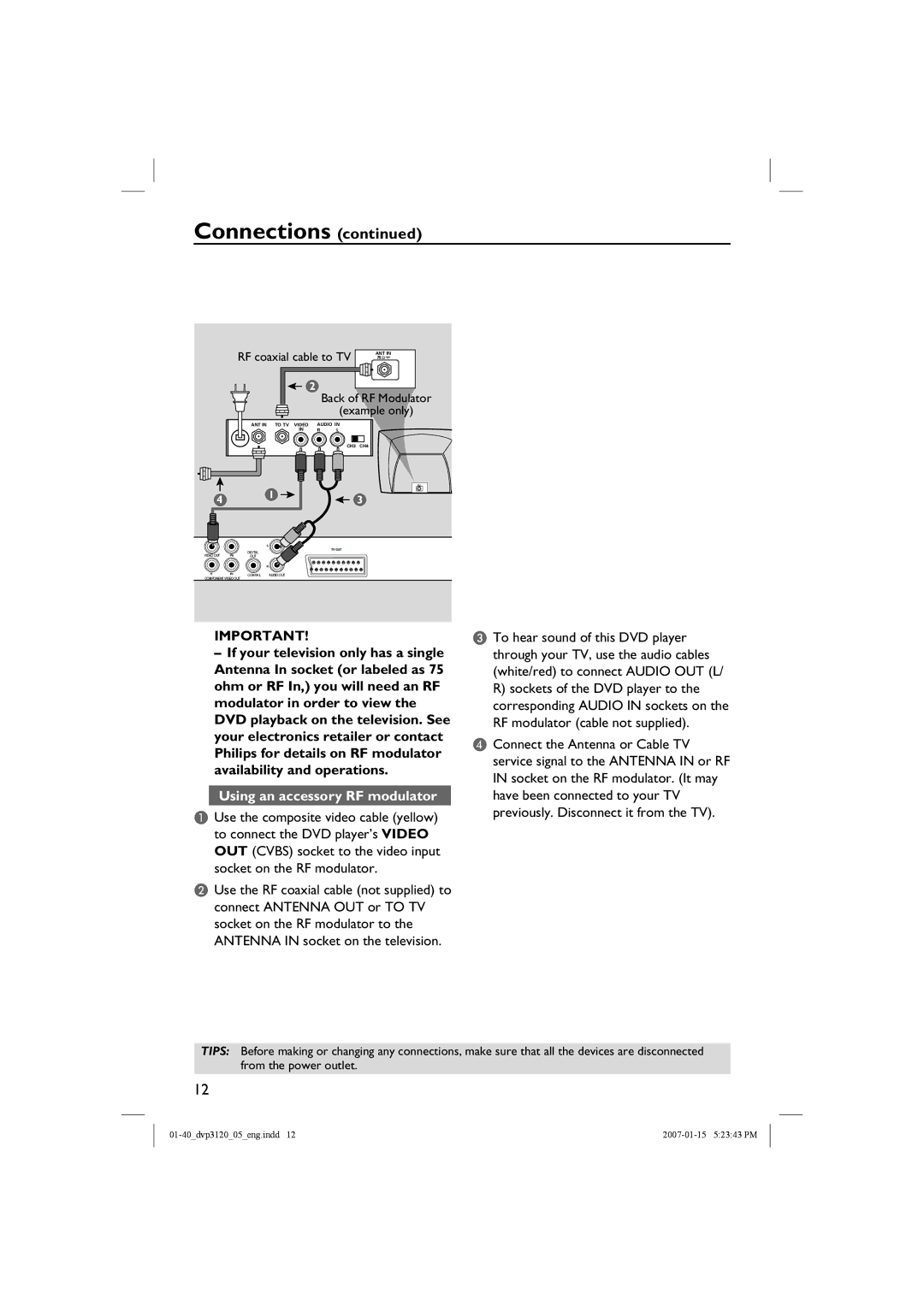 Philips DVP3120/05B user manual Using an accessory RF modulator 