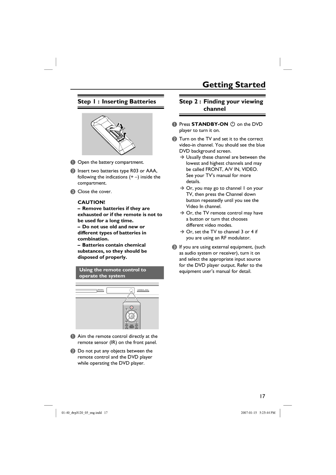 Philips DVP3120/05B user manual Getting Started, Inserting Batteries, Finding your viewing channel 