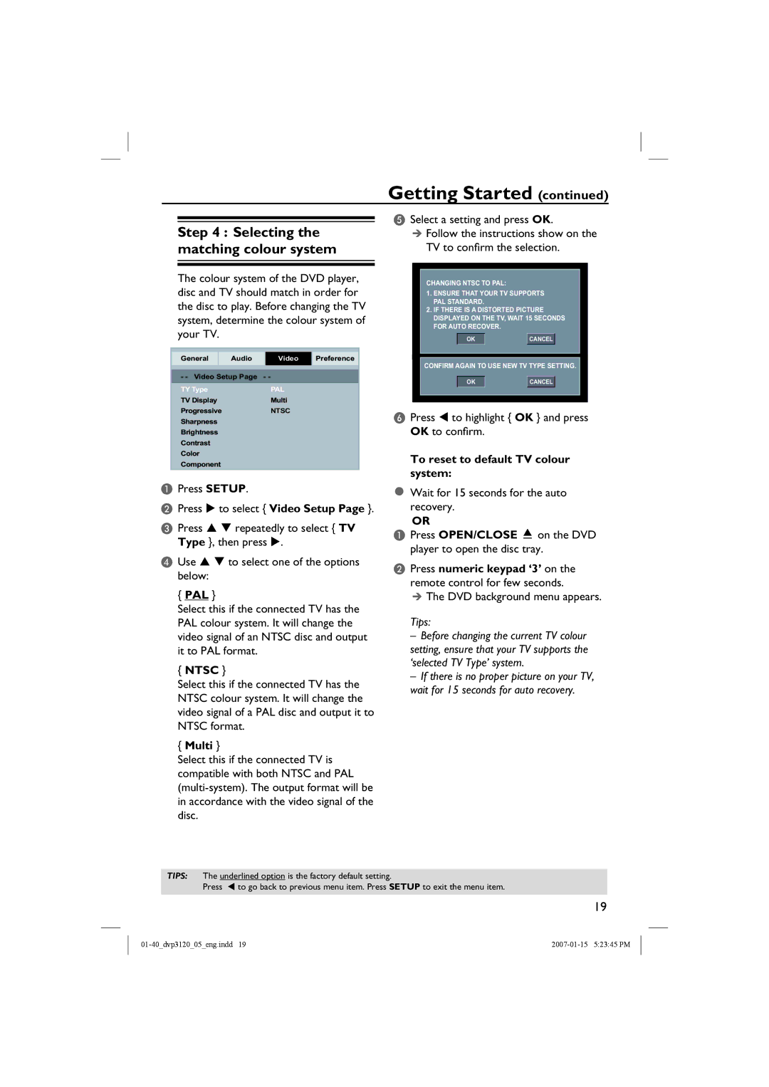 Philips DVP3120/05B Selecting the matching colour system, Pal, Ntsc, Multi, To reset to default TV colour system 