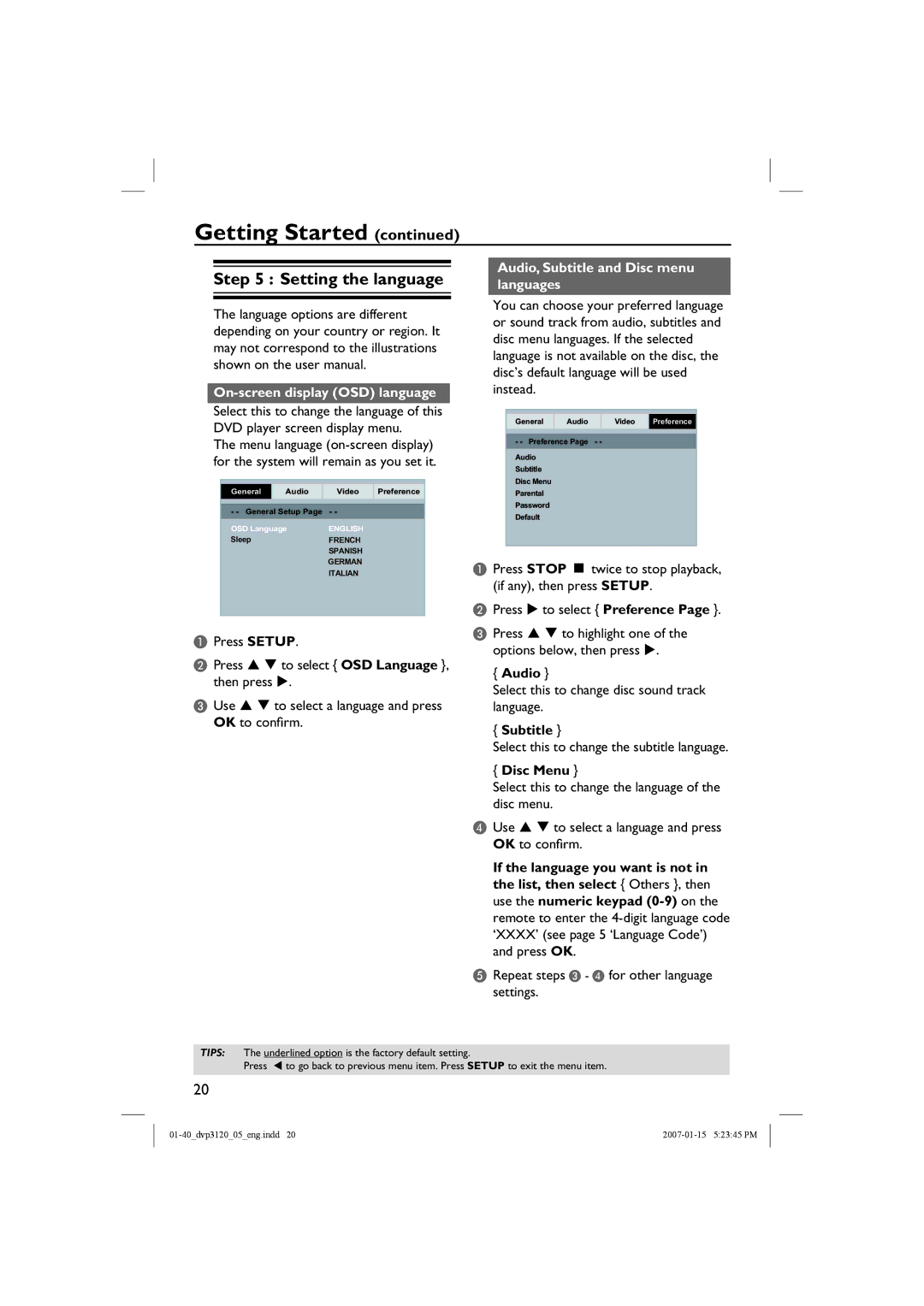 Philips DVP3120/05B Setting the language, On-screen display OSD language, Audio, Subtitle and Disc menu languages 