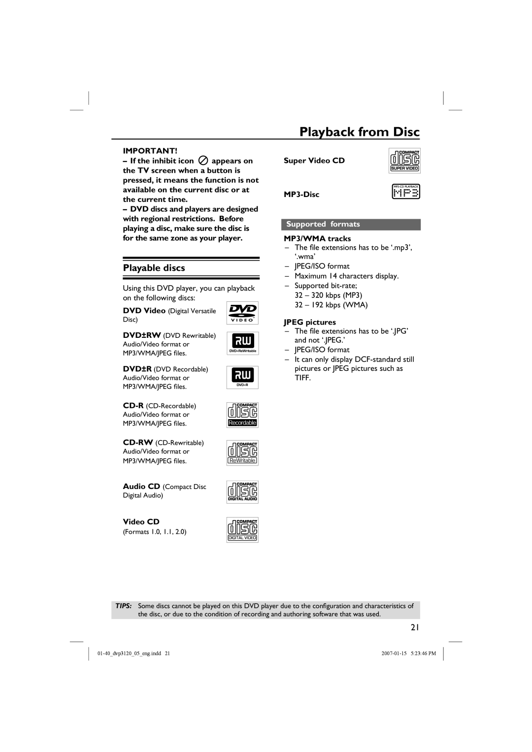 Philips DVP3120/05B user manual Playback from Disc, Playable discs, Supported formats 