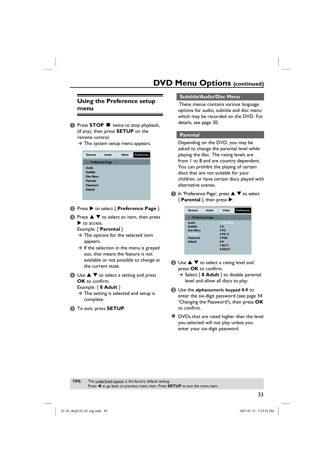 Philips DVP3120/05B user manual Using the Preference setup menu, Subtitle/Audio/Disc Menu, Parental 