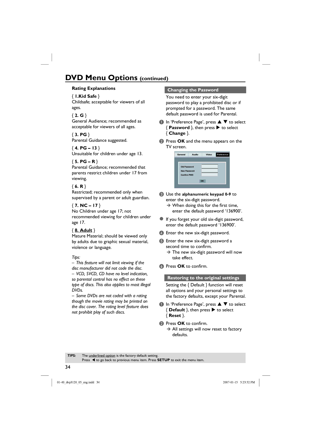 Philips DVP3120/05B user manual Changing the Password, Restoring to the original settings 