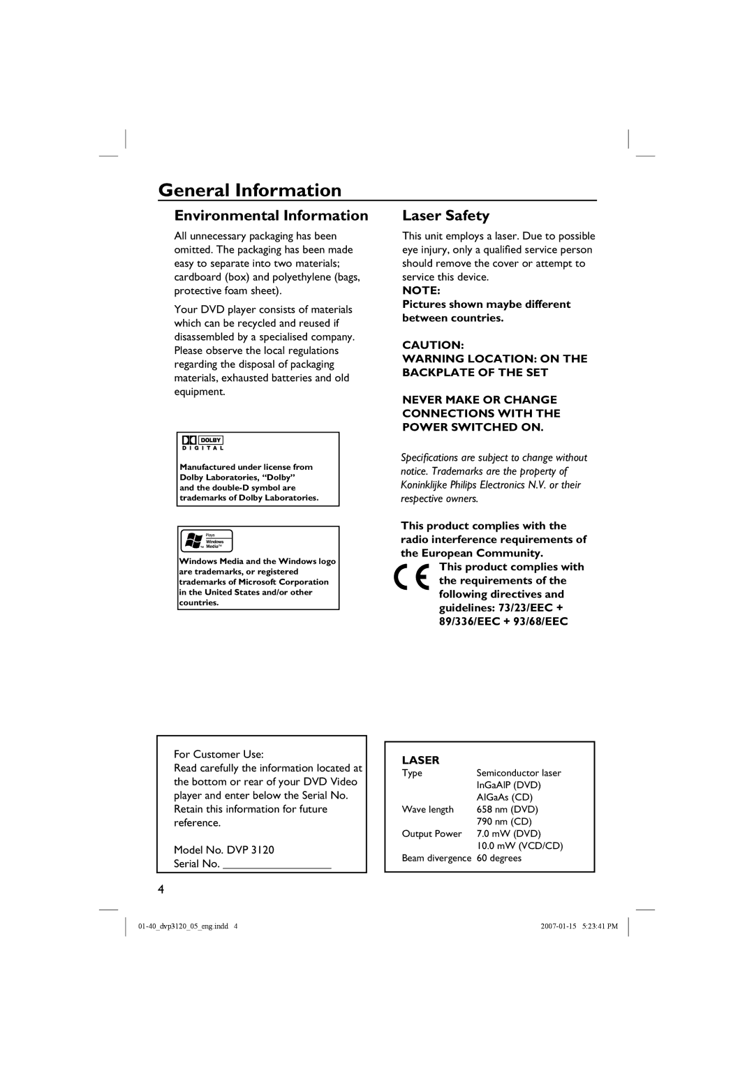 Philips DVP3120/05B user manual General Information, For Customer Use, Pictures shown maybe different between countries 