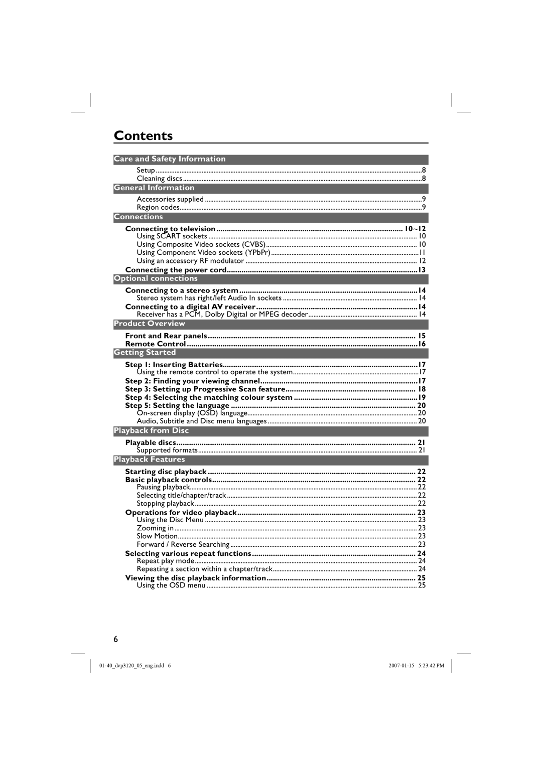 Philips DVP3120/05B user manual Contents 