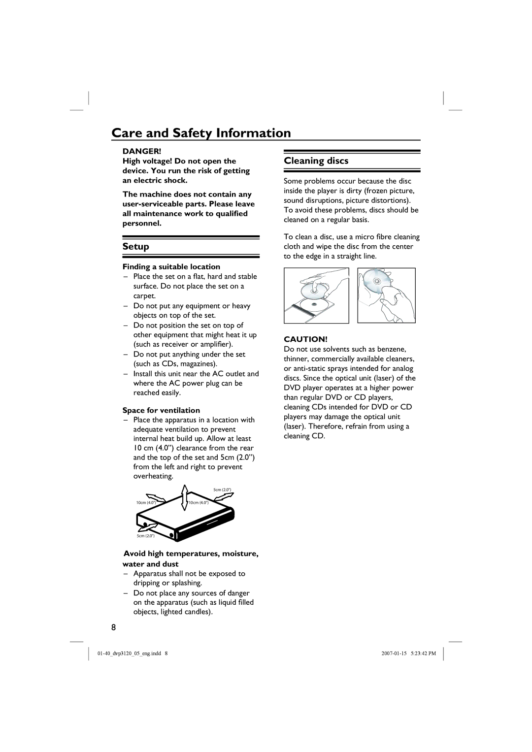 Philips DVP3120/05B user manual Care and Safety Information, Setup, Cleaning discs 