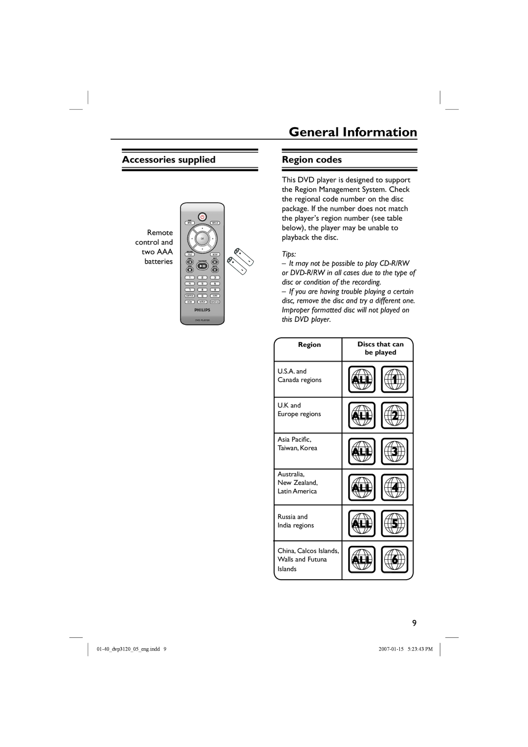 Philips DVP3120/05B user manual Accessories supplied, Region codes, Remote, Two AAA, Batteries 