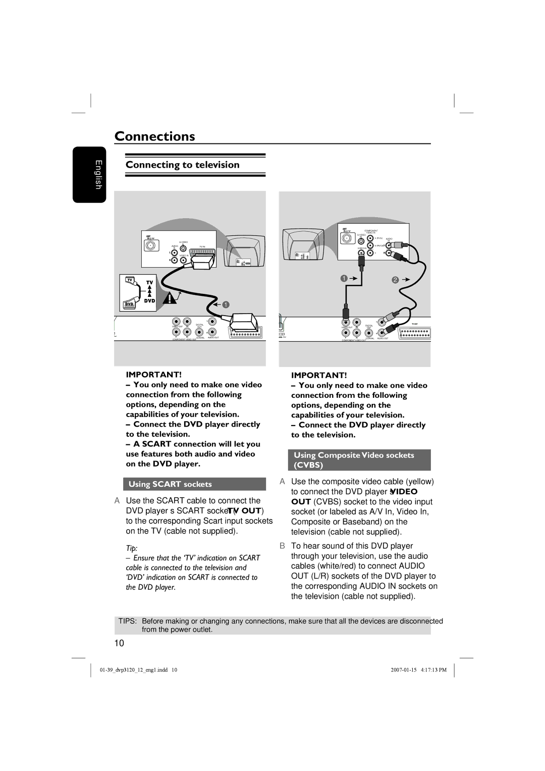 Philips DVP3120/12 Connections, Connecting to television, Using Scart sockets, Using Composite Video sockets Cvbs 