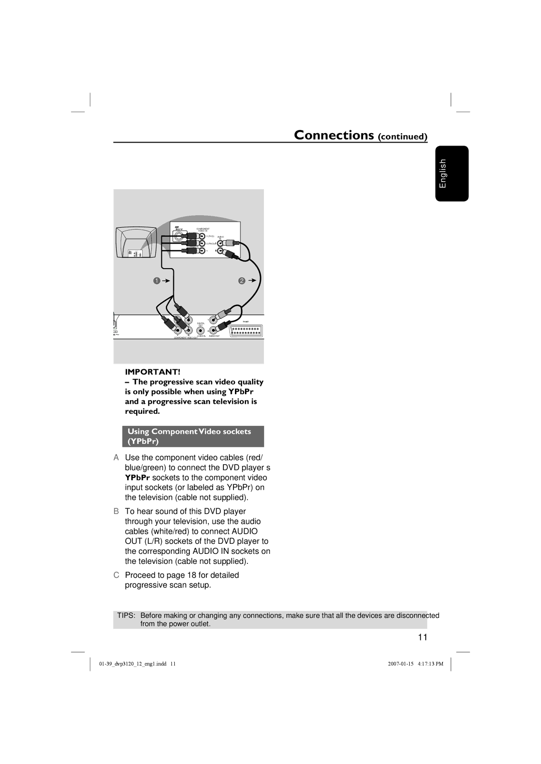 Philips DVP3120/12 user manual Using Component Video sockets YPbPr 