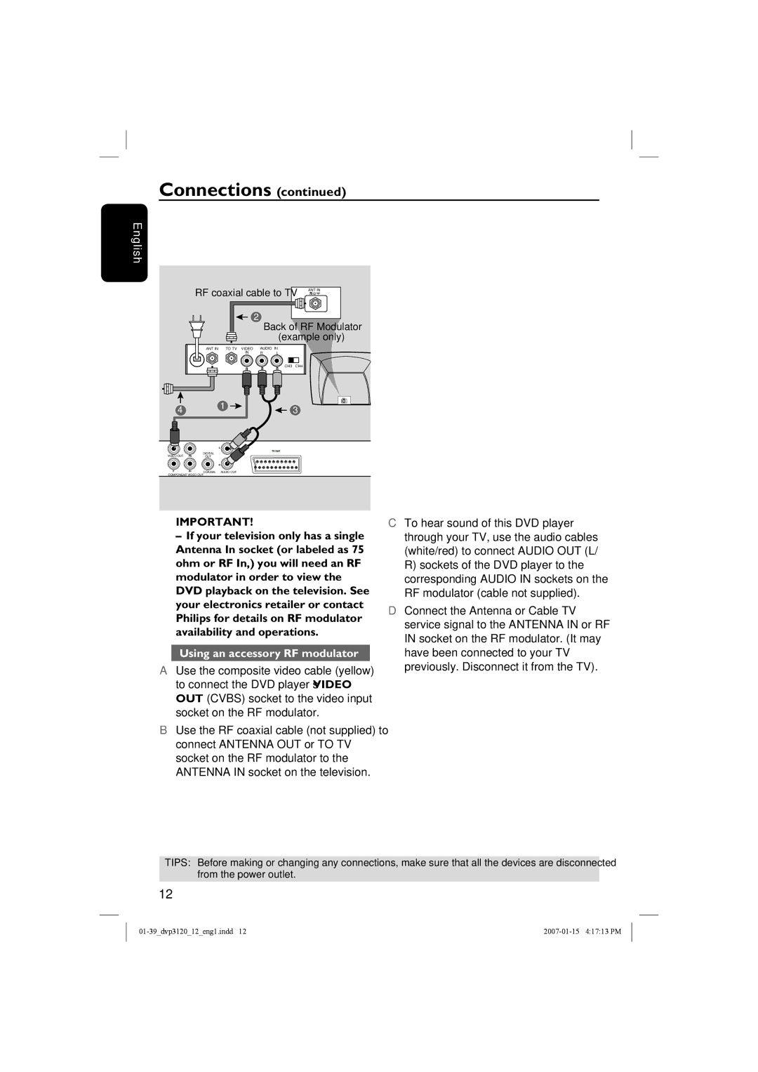 Philips DVP3120/12 user manual Using an accessory RF modulator 