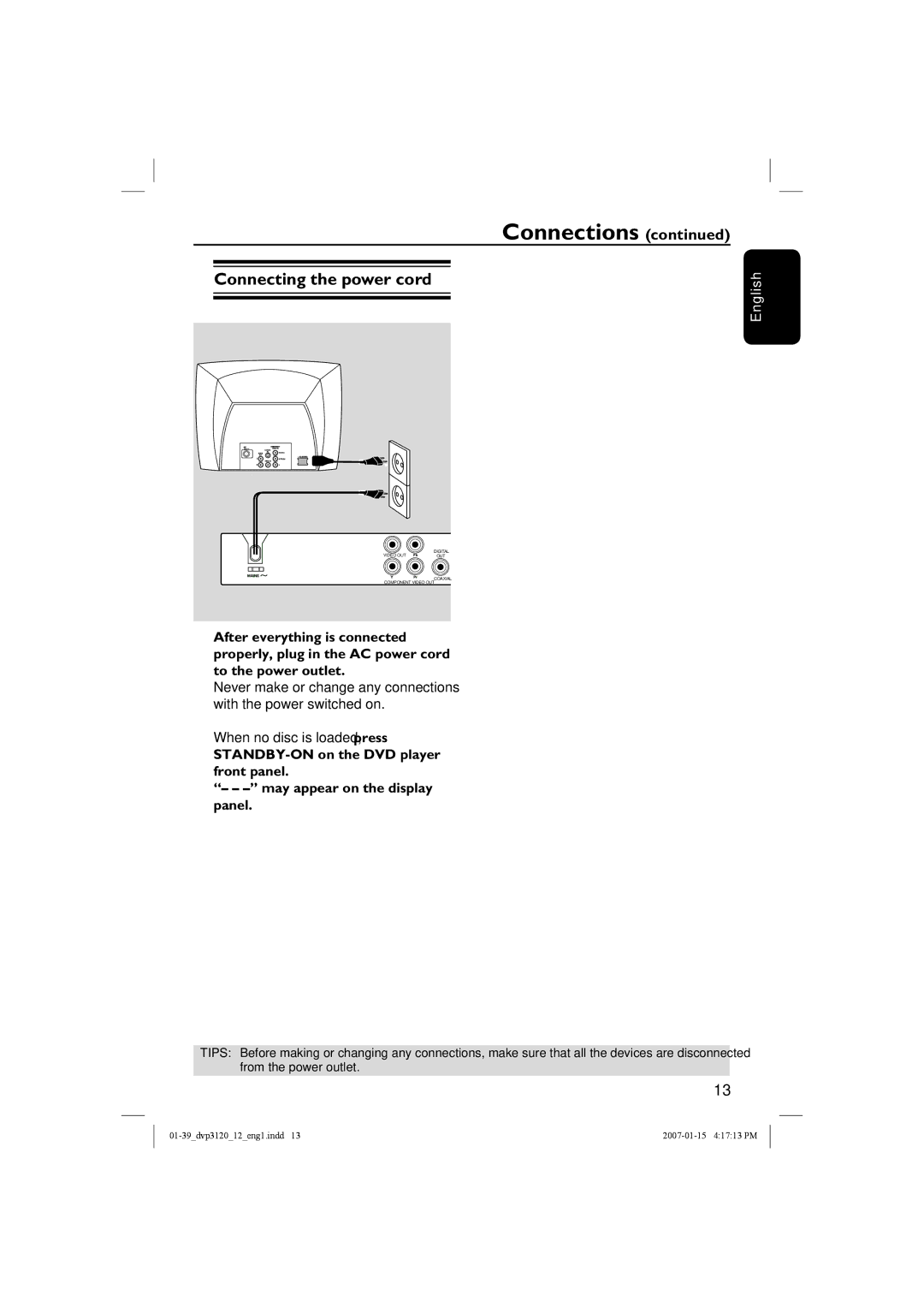 Philips DVP3120/12 user manual Connecting the power cord, When no disc is loaded, press 