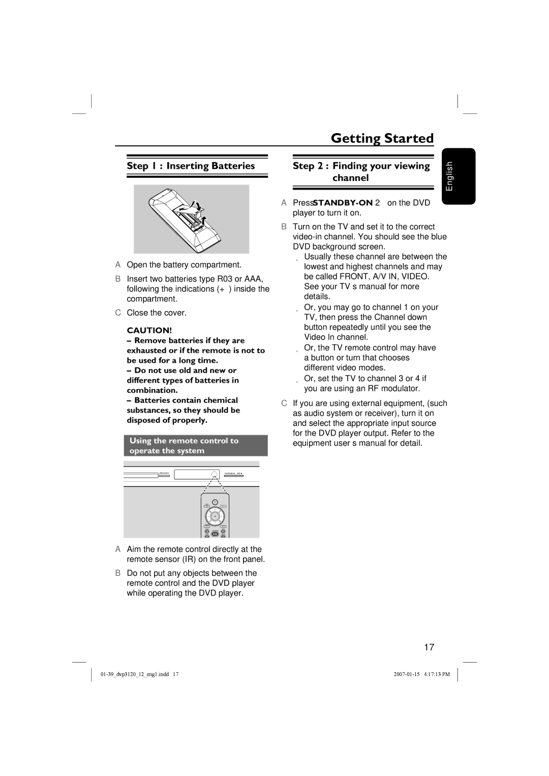 Philips DVP3120/12 user manual Getting Started, Inserting Batteries, Finding your viewing channel 