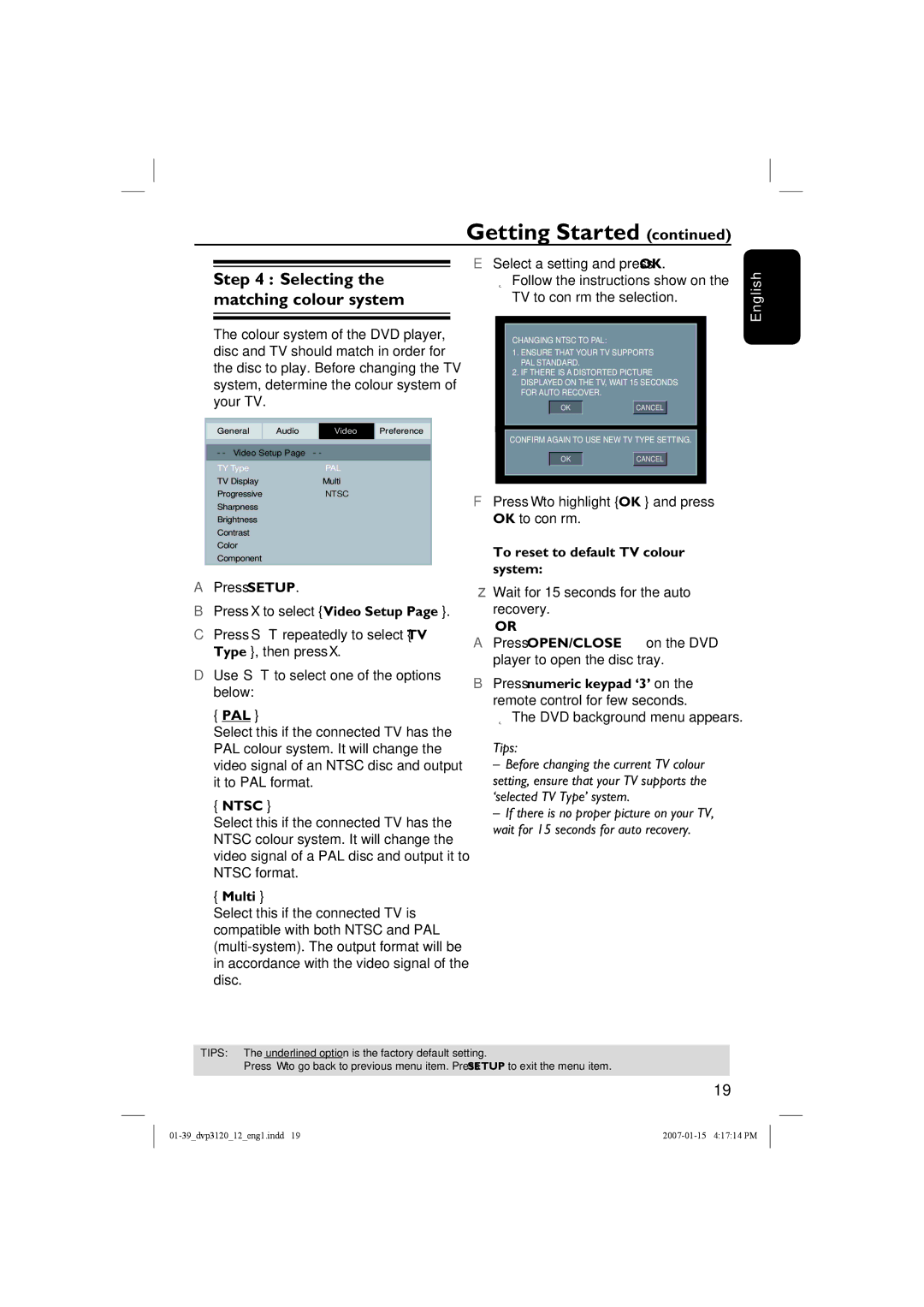 Philips DVP3120/12 user manual Selecting the matching colour system, Pal, Ntsc, Multi, To reset to default TV colour system 