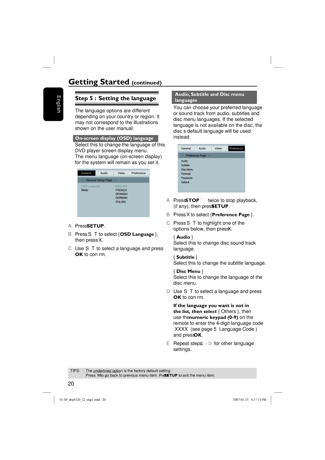 Philips DVP3120/12 Setting the language, On-screen display OSD language, Audio, Subtitle and Disc menu languages 