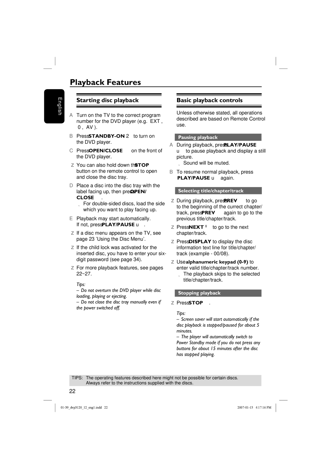 Philips DVP3120/12 Playback Features, Starting disc playback Basic playback controls, Pausing playback, Stopping playback 