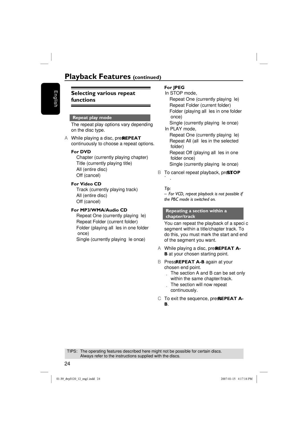 Philips DVP3120/12 Selecting various repeat functions, Repeat play mode, Repeating a section within a chapter/track 