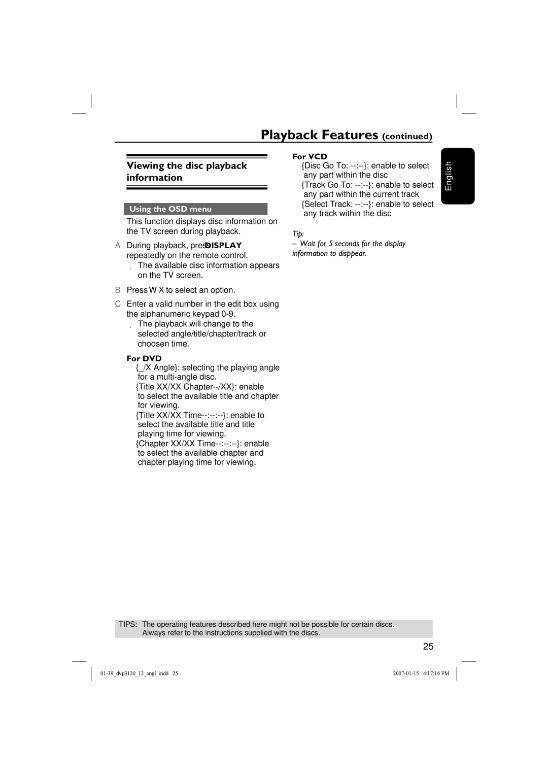 Philips DVP3120/12 user manual Viewing the disc playback information, Using the OSD menu, For VCD 