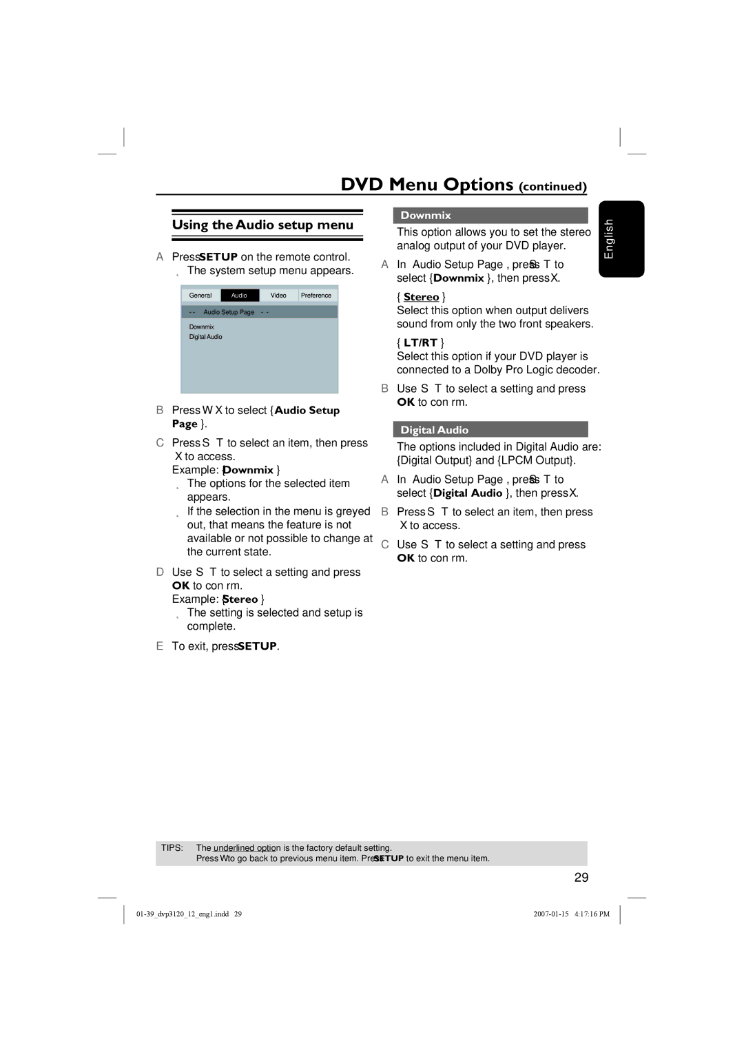 Philips DVP3120/12 user manual Using the Audio setup menu, Downmix, Stereo, Lt/Rt, Digital Audio 