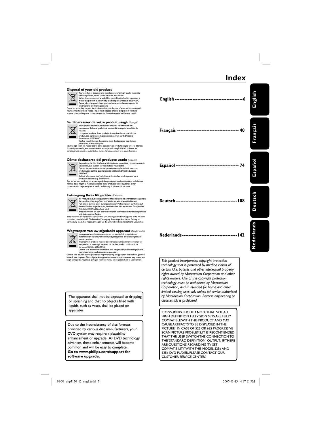 Philips DVP3120/12 user manual Index, Nederlands Deutsch Español Français English 