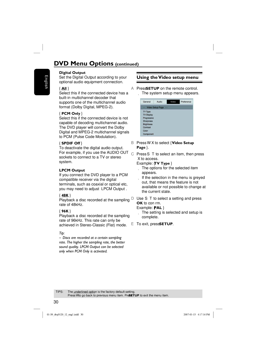 Philips DVP3120/12 user manual Using the Video setup menu 