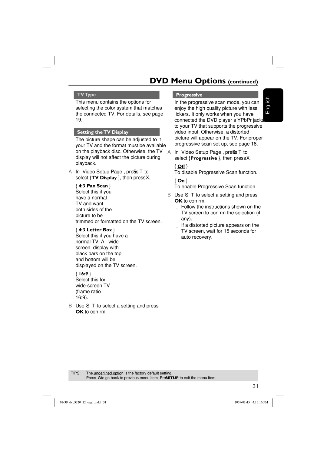 Philips DVP3120/12 user manual Setting the TV Display, Trimmed or formatted on the TV screen, Letter Box, Progressive 