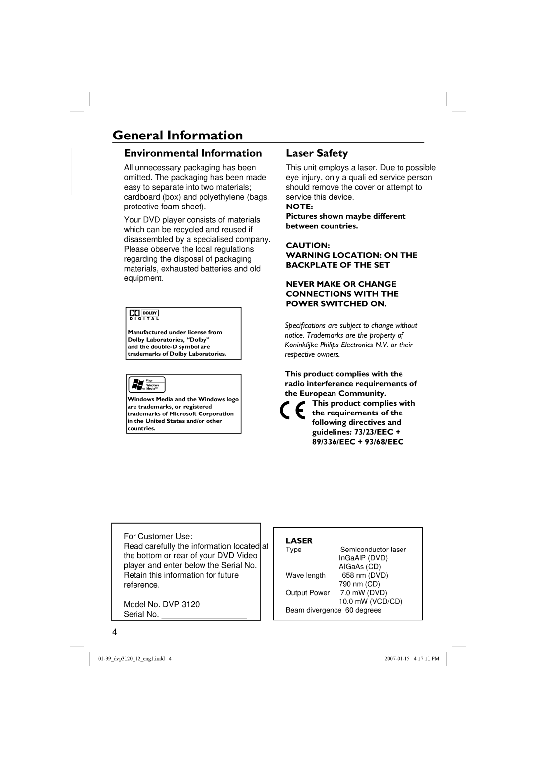 Philips DVP3120/12 General Information, English, Pictures shown maybe different between countries, For Customer Use 