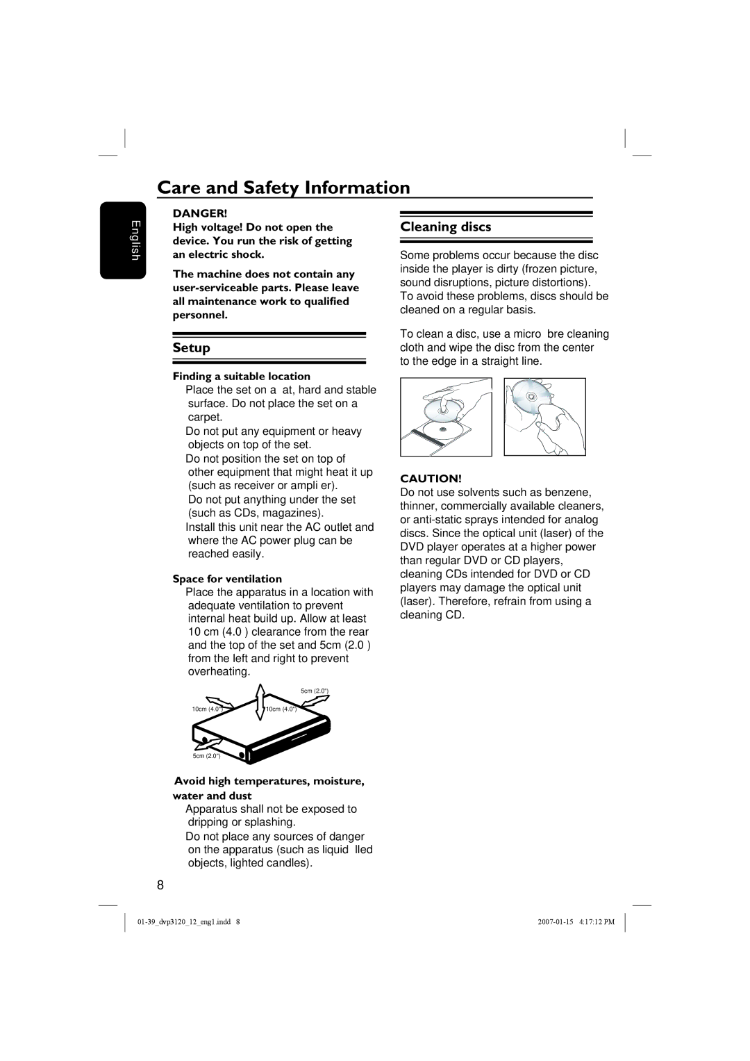 Philips DVP3120/12 user manual Care and Safety Information, Setup, Cleaning discs 