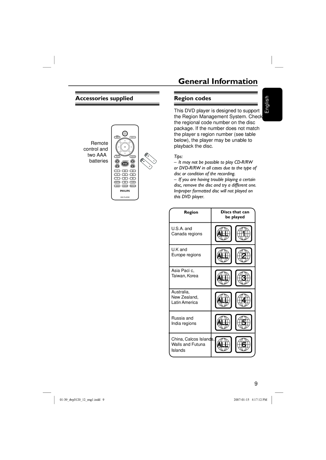 Philips DVP3120/12 user manual Accessories supplied, Region codes, Remote, Two AAA, Batteries 