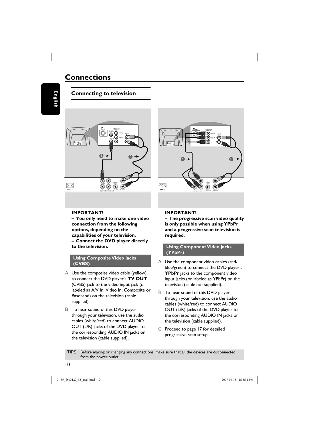 Philips DVP3120/55 user manual Connections, Connecting to television, Using Composite Video jacks Cvbs 