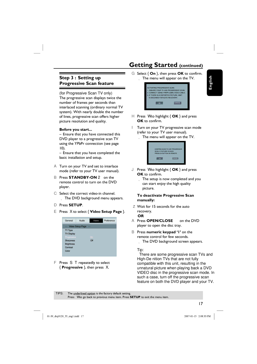 Philips DVP3120/55 user manual Before you start, To deactivate Progressive Scan manually 