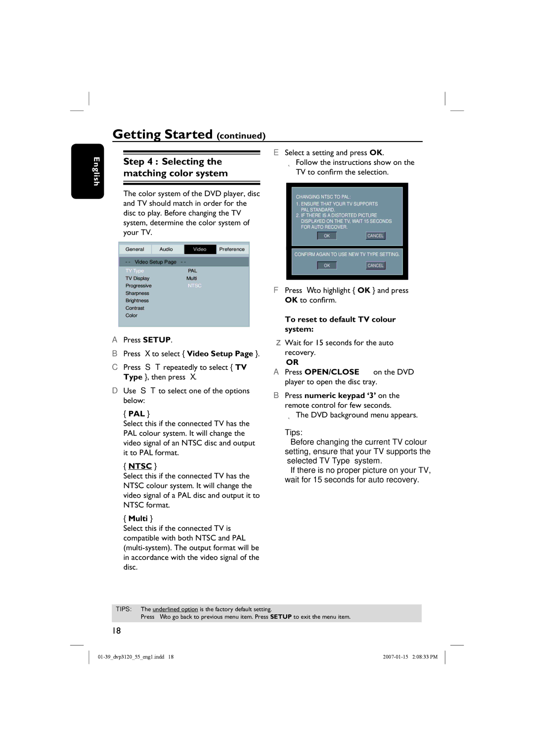 Philips DVP3120/55 user manual Selecting the matching color system, Pal, Ntsc, Multi, To reset to default TV colour system 