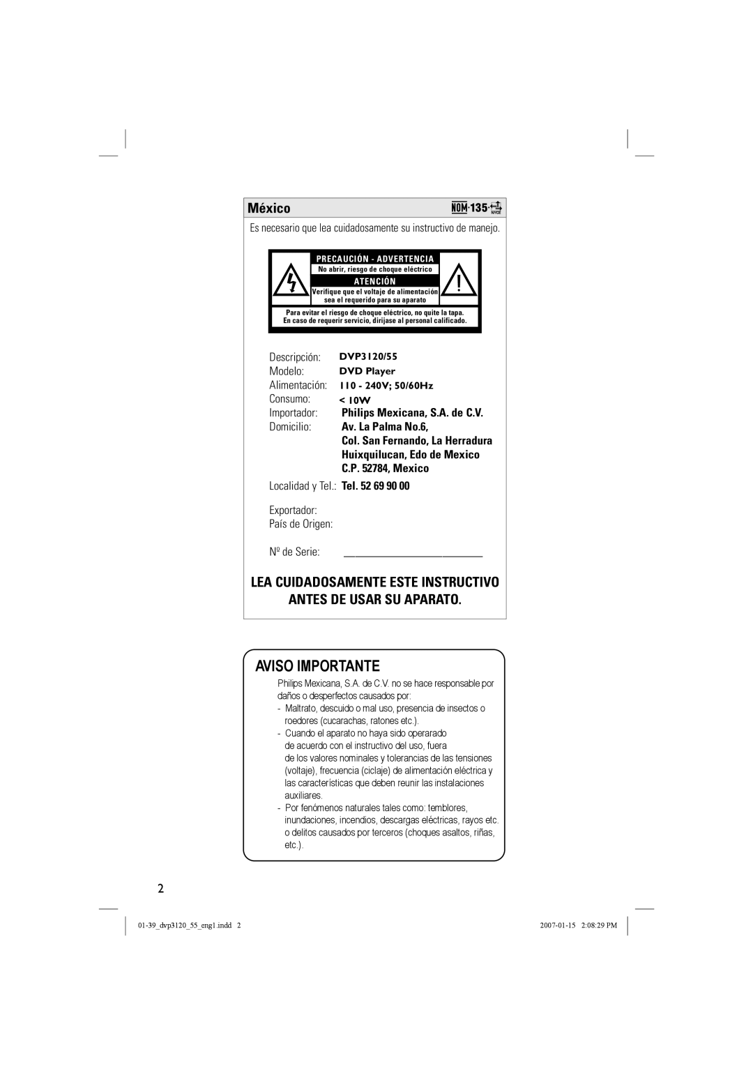 Philips DVP3120/55 user manual México, Av. La Palma No.6, Mexico 