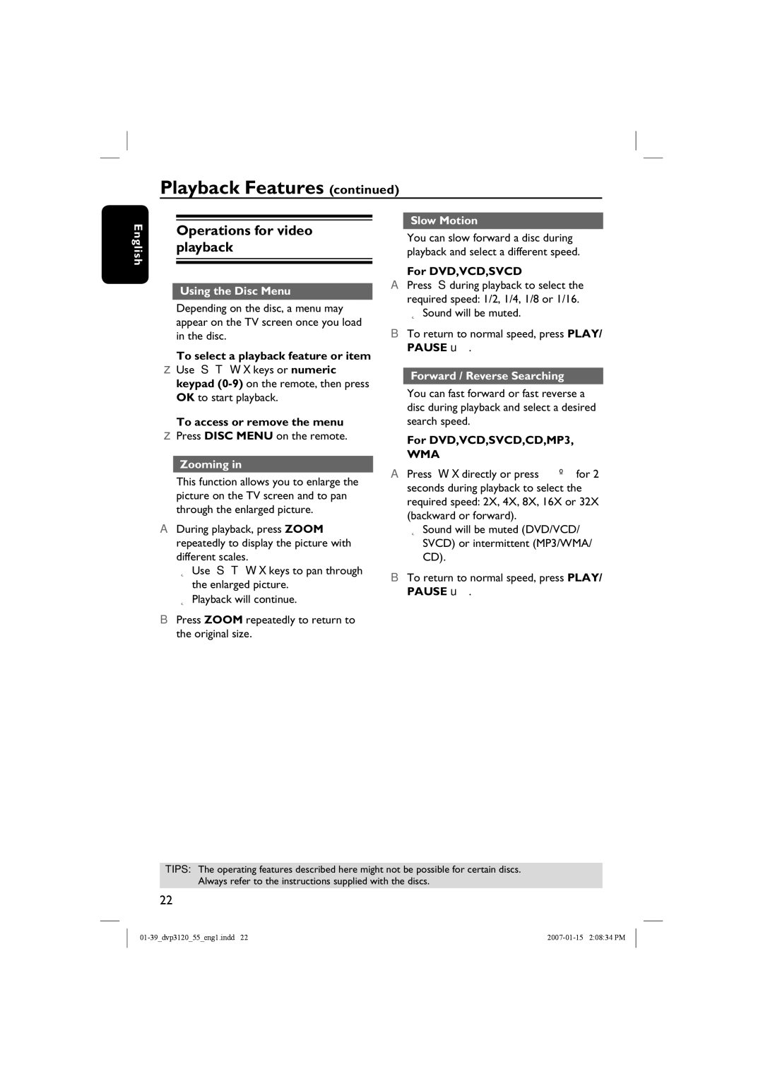 Philips DVP3120/55 Operations for video playback, Using the Disc Menu, Zooming, Slow Motion, Forward / Reverse Searching 