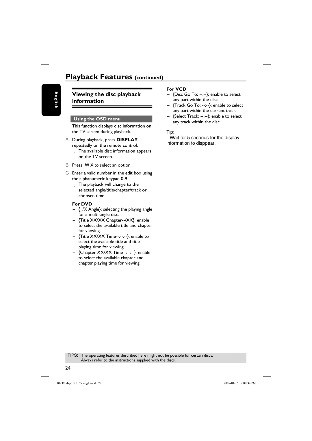 Philips DVP3120/55 user manual Viewing the disc playback information, Using the OSD menu, For VCD 