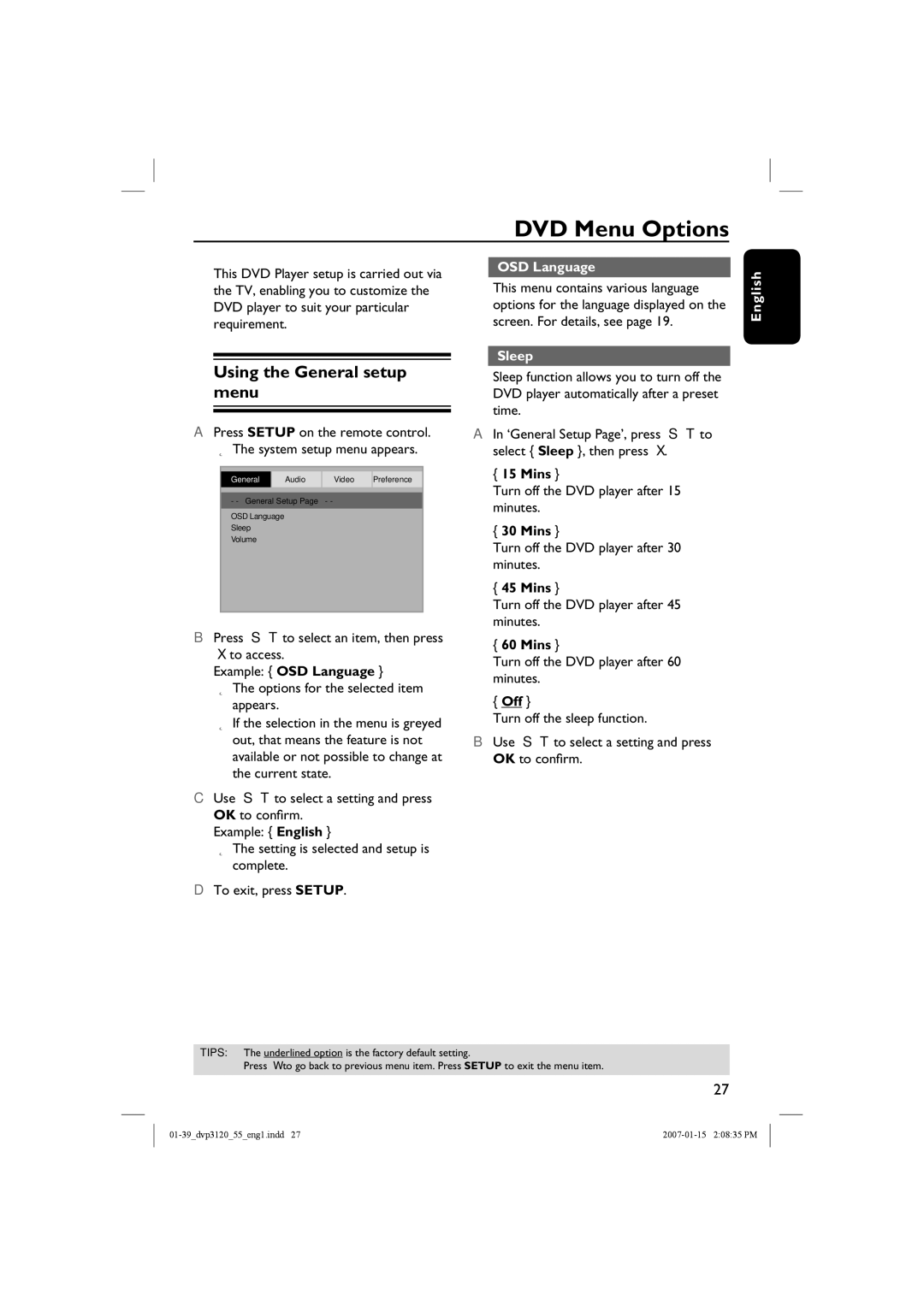 Philips DVP3120/55 user manual DVD Menu Options, Using the General setup menu, OSD Language, Sleep 