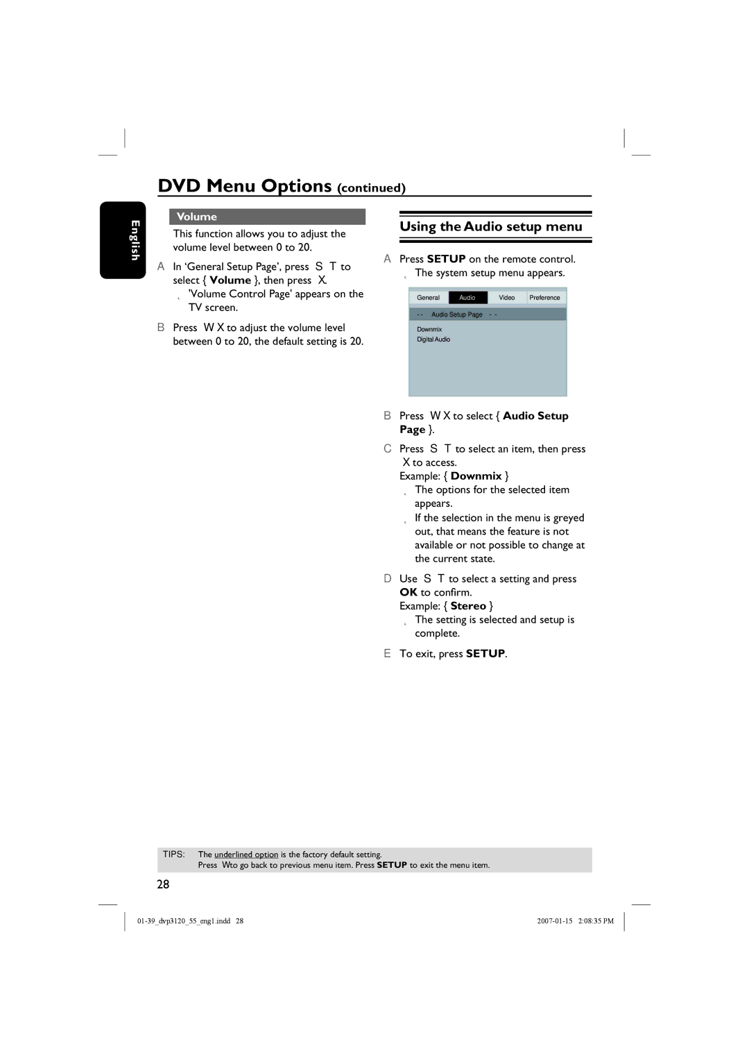 Philips DVP3120/55 user manual Using the Audio setup menu, English Volume, Volume Control Page appears on the TV screen 