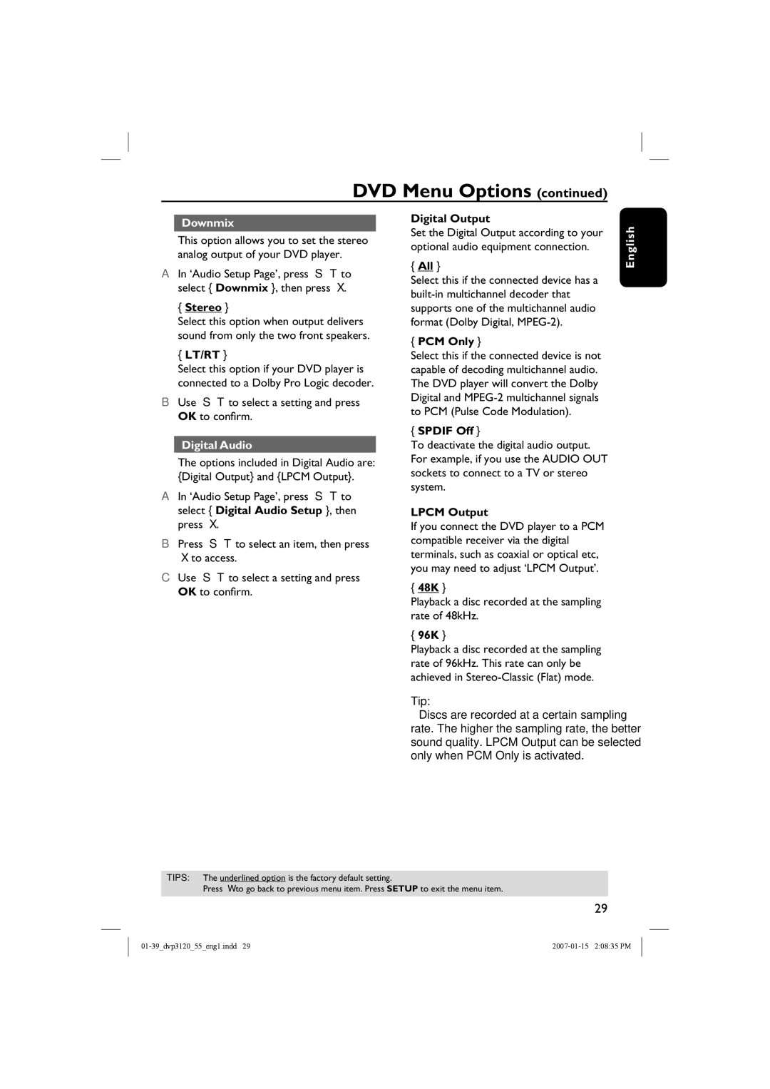 Philips DVP3120/55 user manual Downmix, Digital Audio 