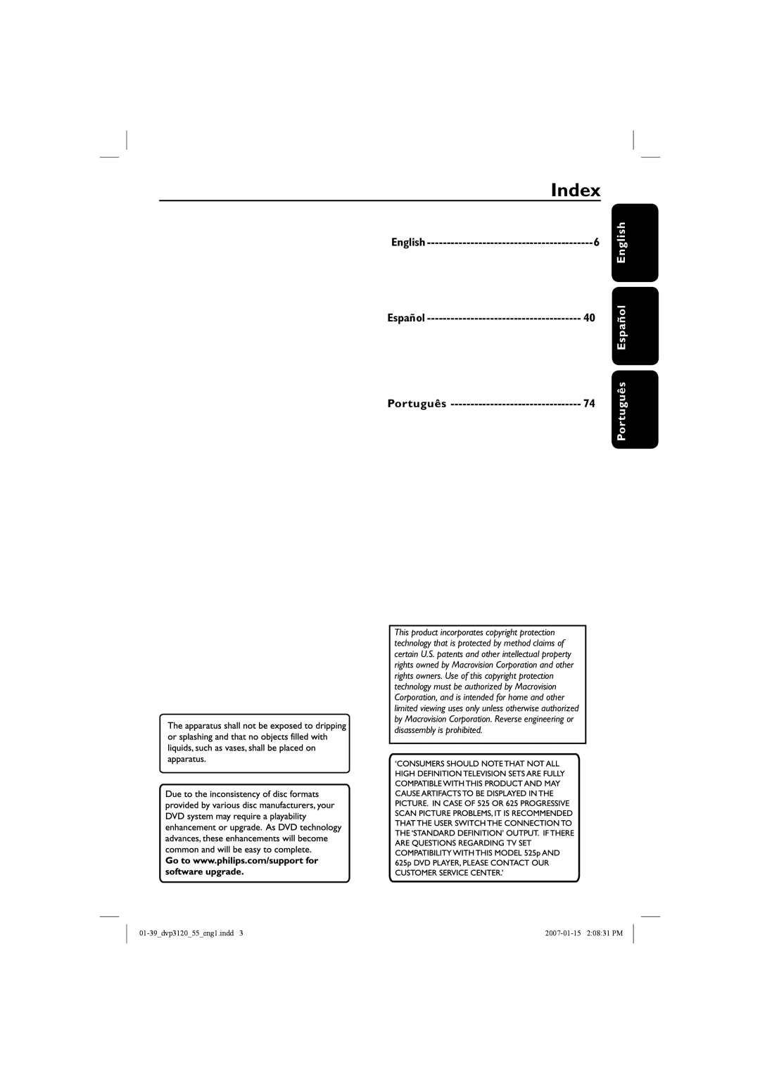 Philips DVP3120/55 user manual Index, Español Português, Português Español English 