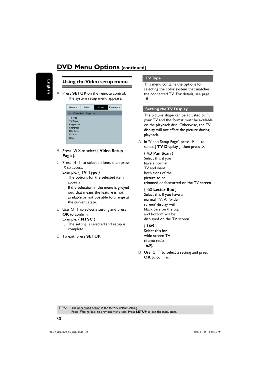 Philips DVP3120/55 Using the Video setup menu, TV Type, Setting the TV Display, Trimmed or formatted on the TV screen 