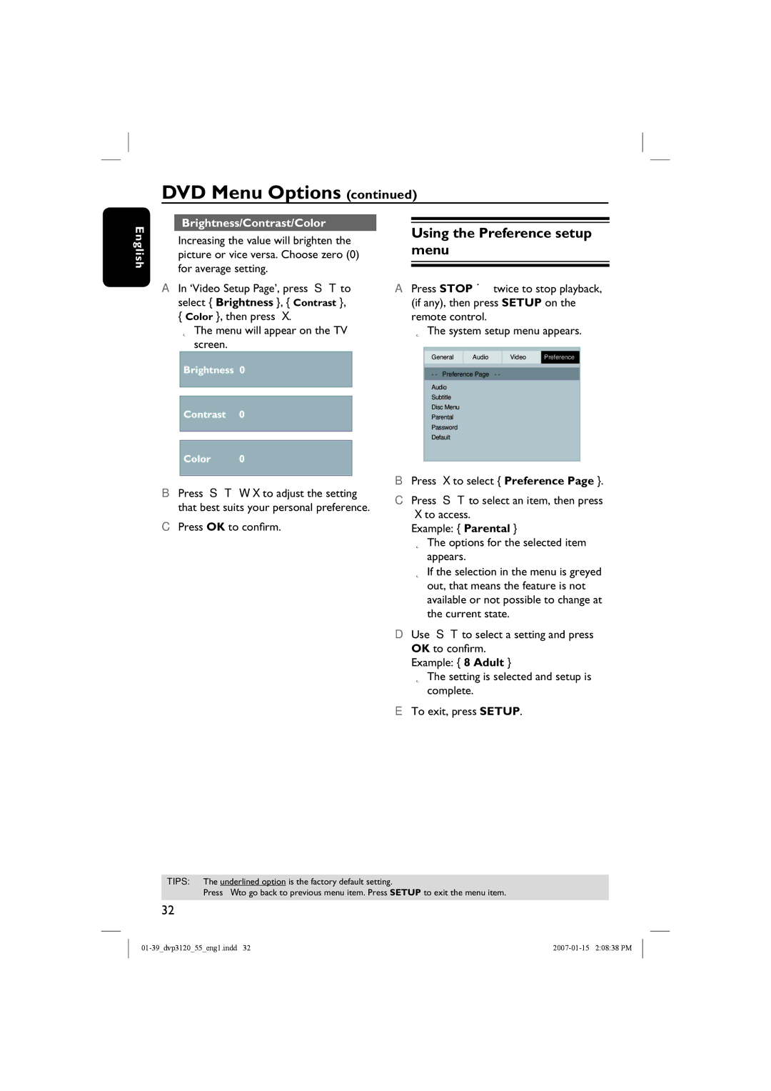 Philips DVP3120/55 user manual Using the Preference setup menu, English Brightness/Contrast/Color 