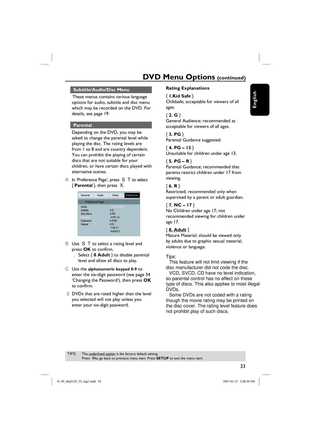 Philips DVP3120/55 user manual Subtitle/Audio/Disc Menu, Parental, Rating Explanations Kid Safe, Pg R, Adult 