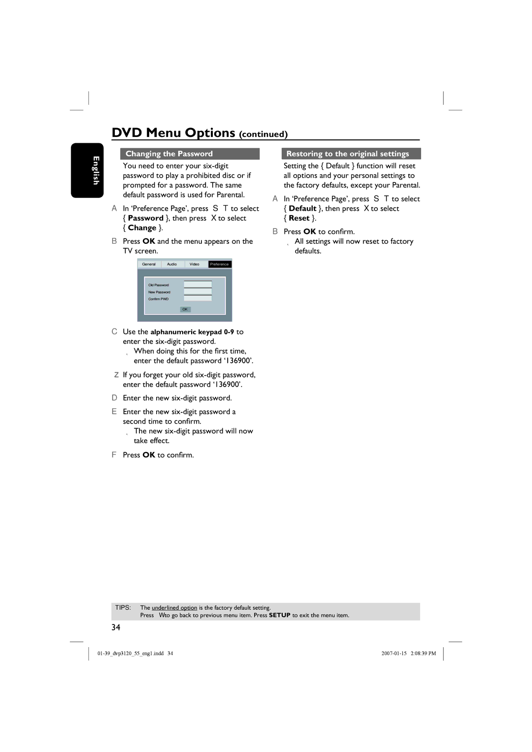 Philips DVP3120/55 user manual English Changing the Password, Change, Restoring to the original settings, Reset 