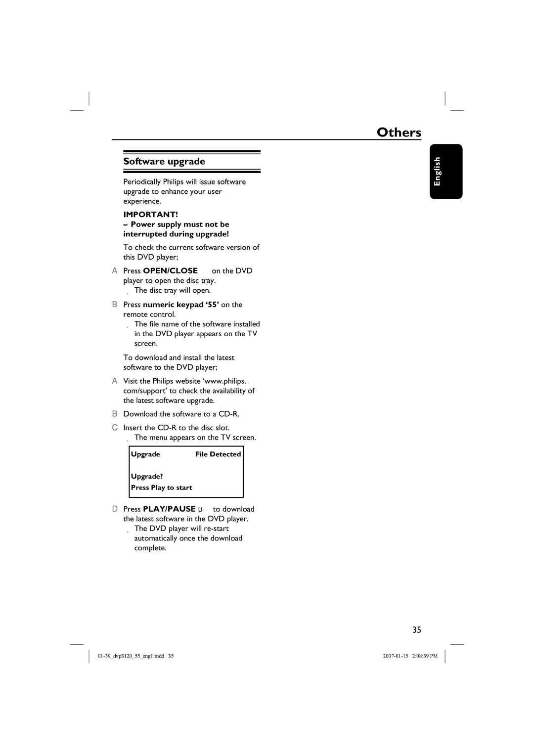 Philips DVP3120/55 user manual Others, Software upgrade, Power supply must not be interrupted during upgrade 