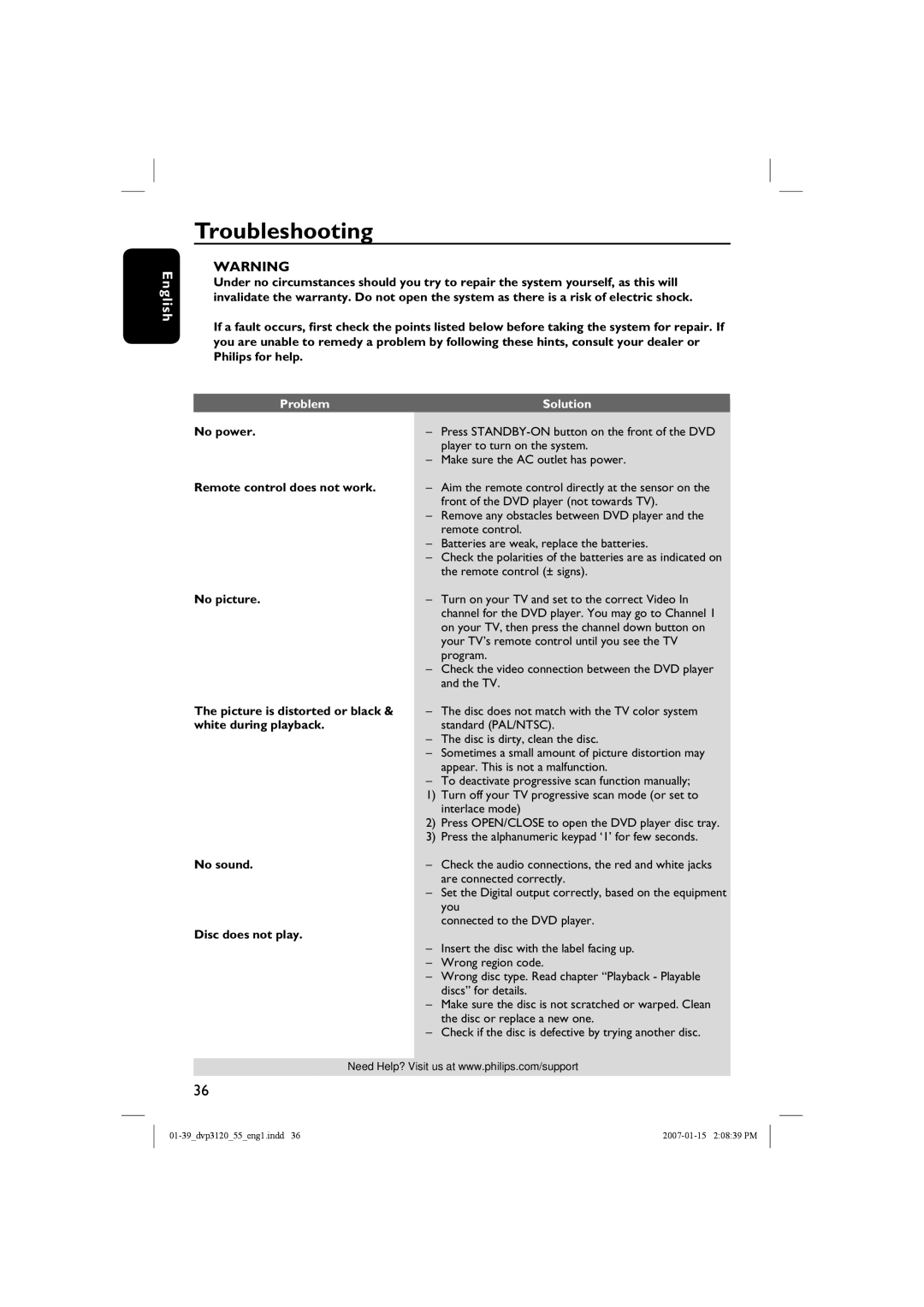 Philips DVP3120/55 user manual Troubleshooting, Problem Solution 