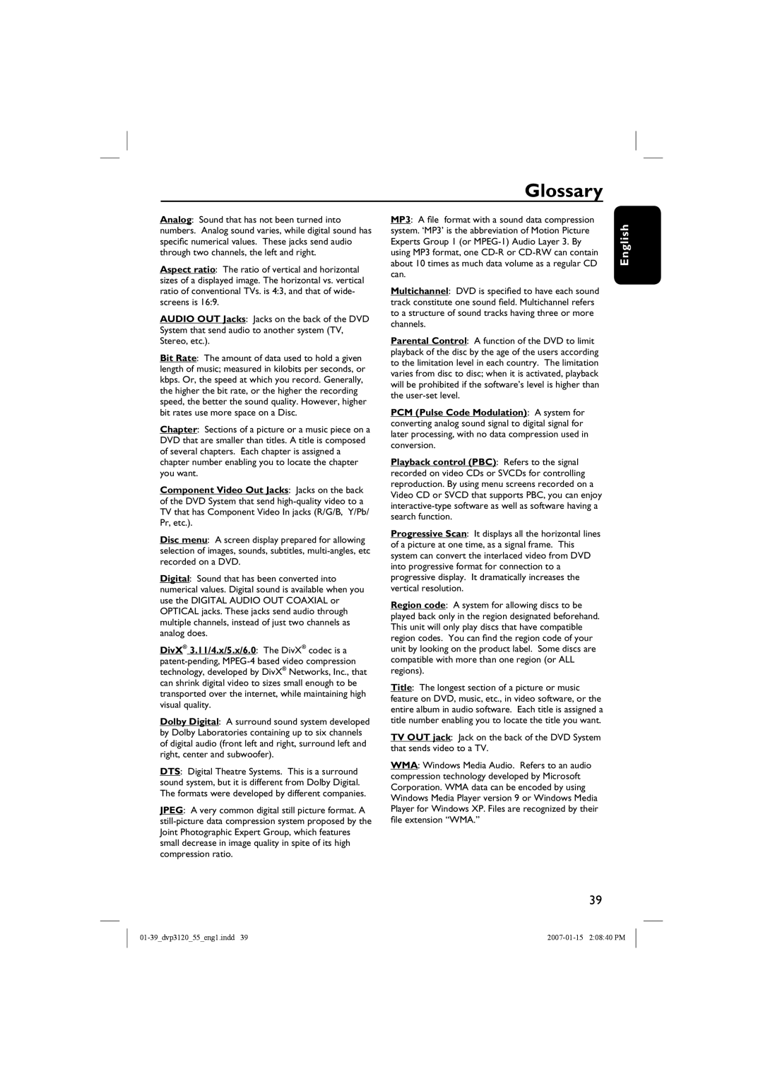 Philips DVP3120/55 user manual Glossary 