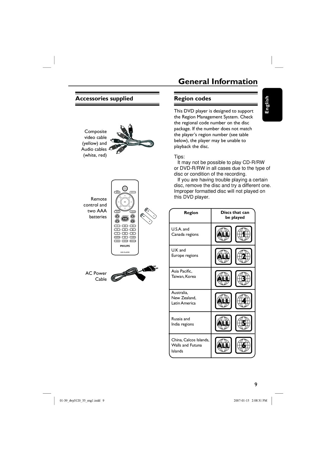 Philips DVP3120/55 user manual Accessories supplied, Region codes, Remote, Two AAA, Batteries 