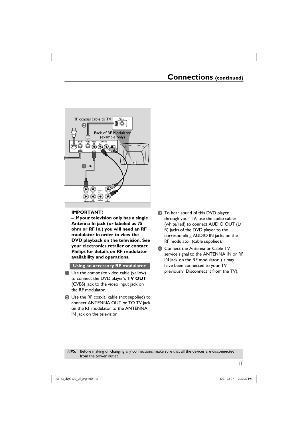 Philips DVP3120/75 user manual Using an accessory RF modulator 