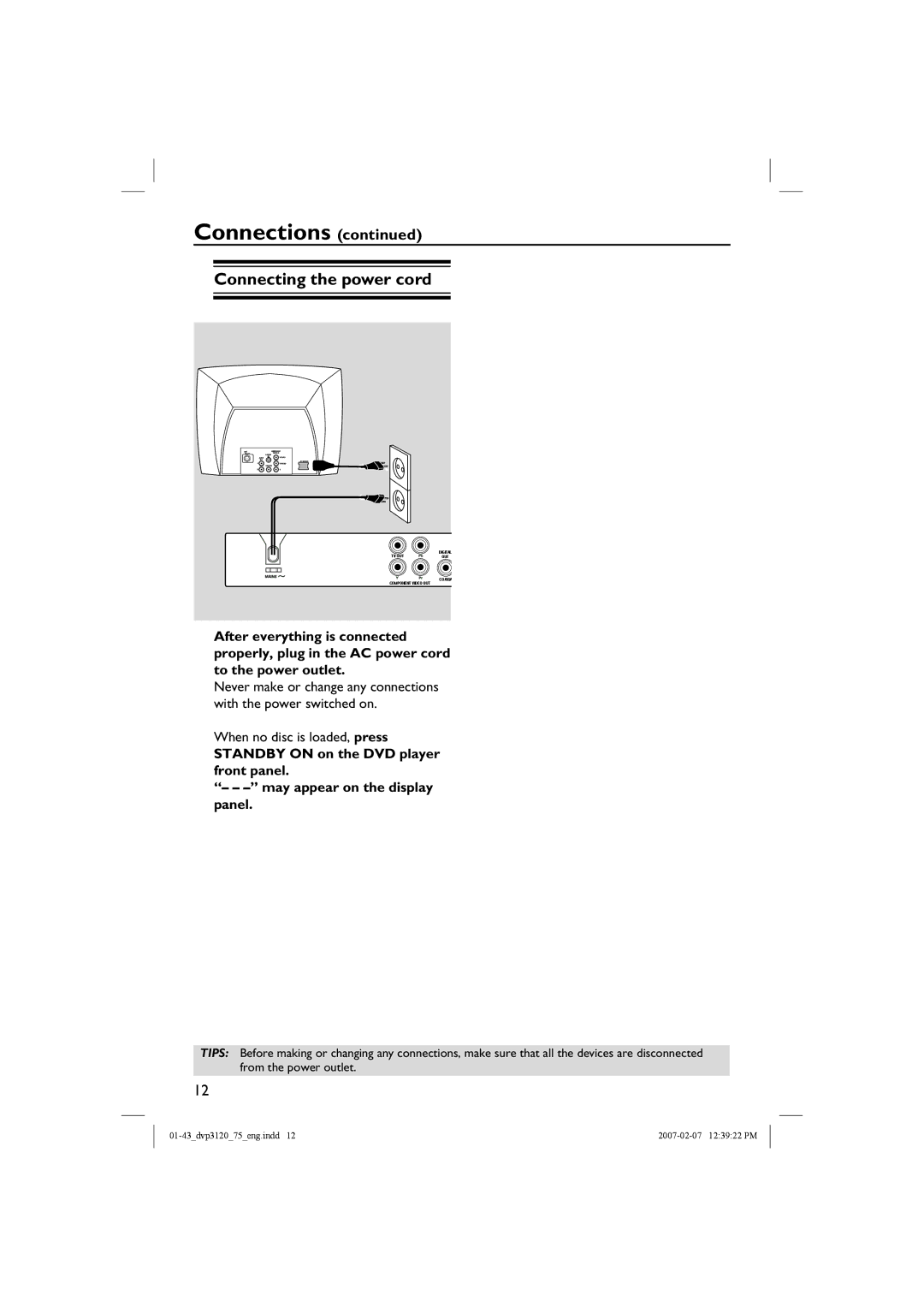 Philips DVP3120/75 user manual Connecting the power cord, When no disc is loaded, press 