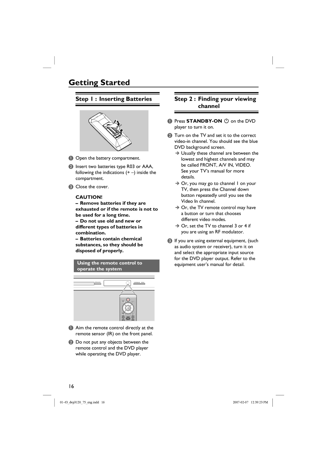 Philips DVP3120/75 user manual Getting Started, Inserting Batteries, Finding your viewing channel 